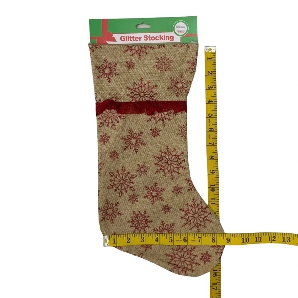 Christmas Stockings Burlap Snowflakes Ruffle Subtle Glitter Set of 2 Brown Red